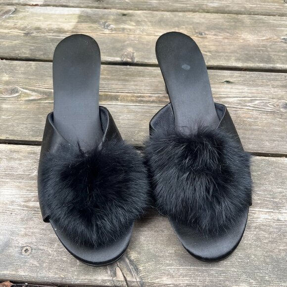 Vintage Real Fur Boudoir Heels Black Satin Slip-On Slippers Classic Glam - Picture 1 of 2